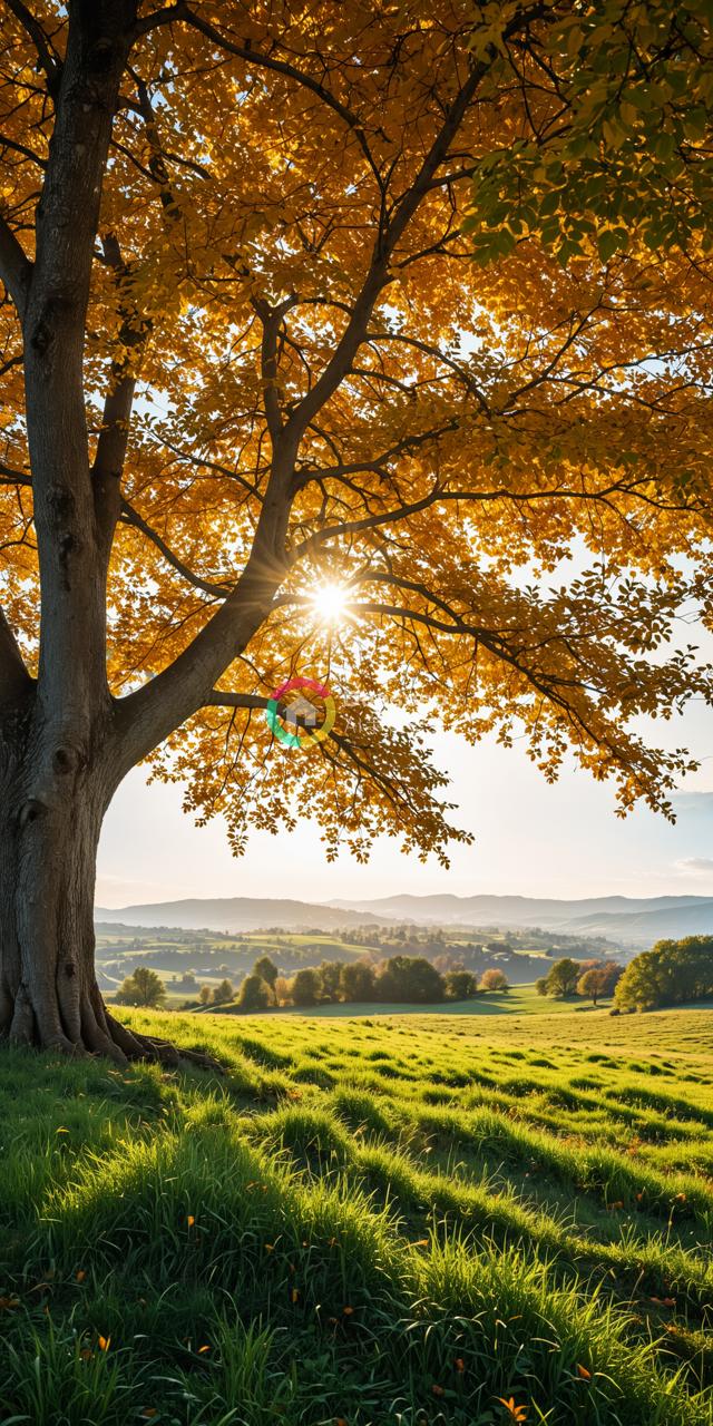 清晨 Single Tree in the Field with Golden Leaves and Rising Sun over a Pretty Valley