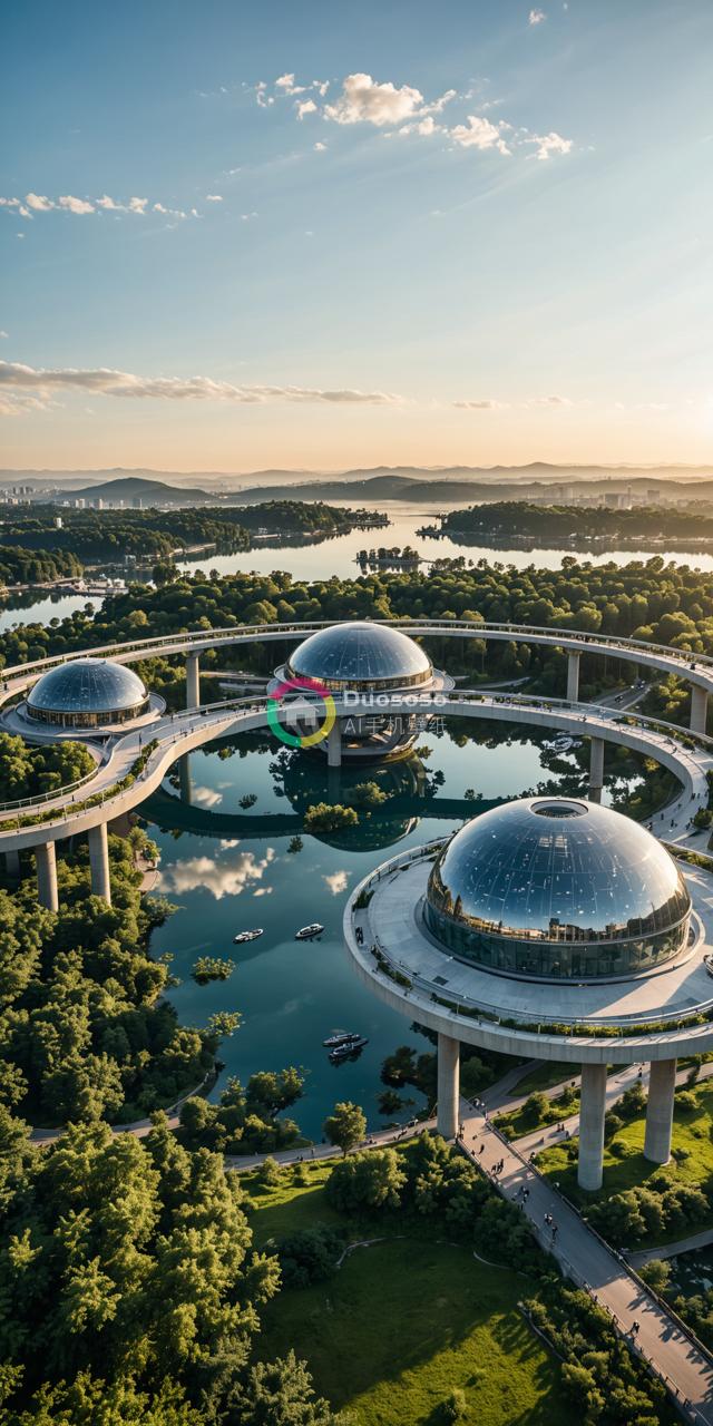 标题：未来感建筑群落建在湖畔，穹顶建筑间有小船穿行，夕阳余晖洒满美景