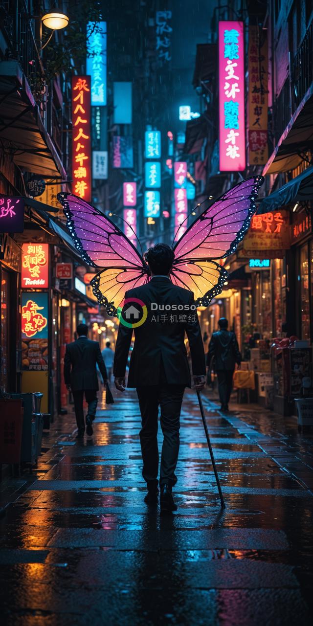 西装行者，霓虹蝶翼飞舞