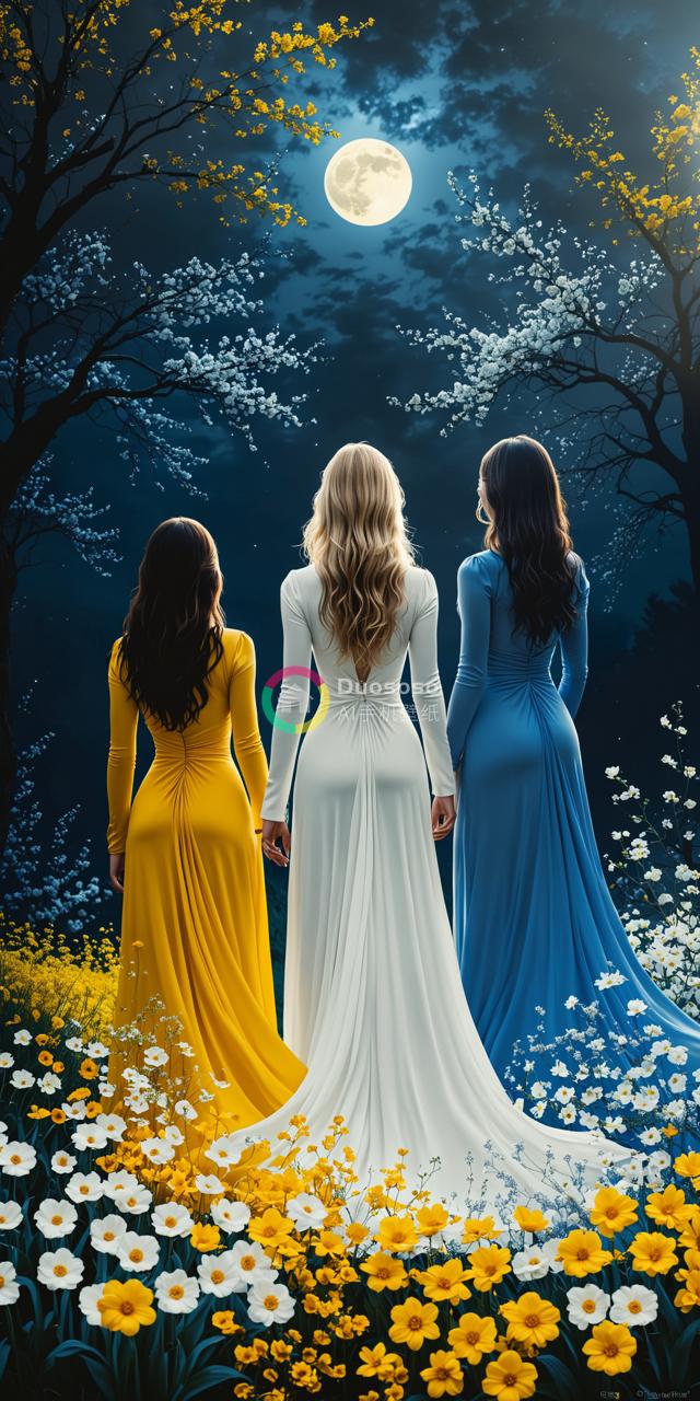 《三个女人在花丛中的幻境》