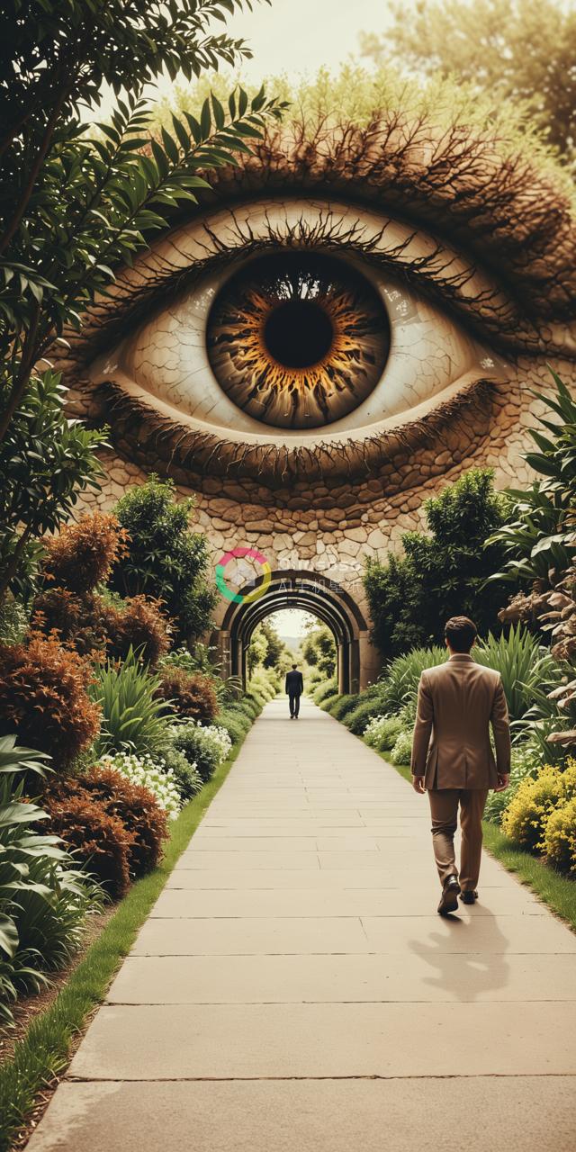 奇幻画作：一人棕西装，一人黑西装，巨眼背景，绿色植物环绕，暖 muted色调。