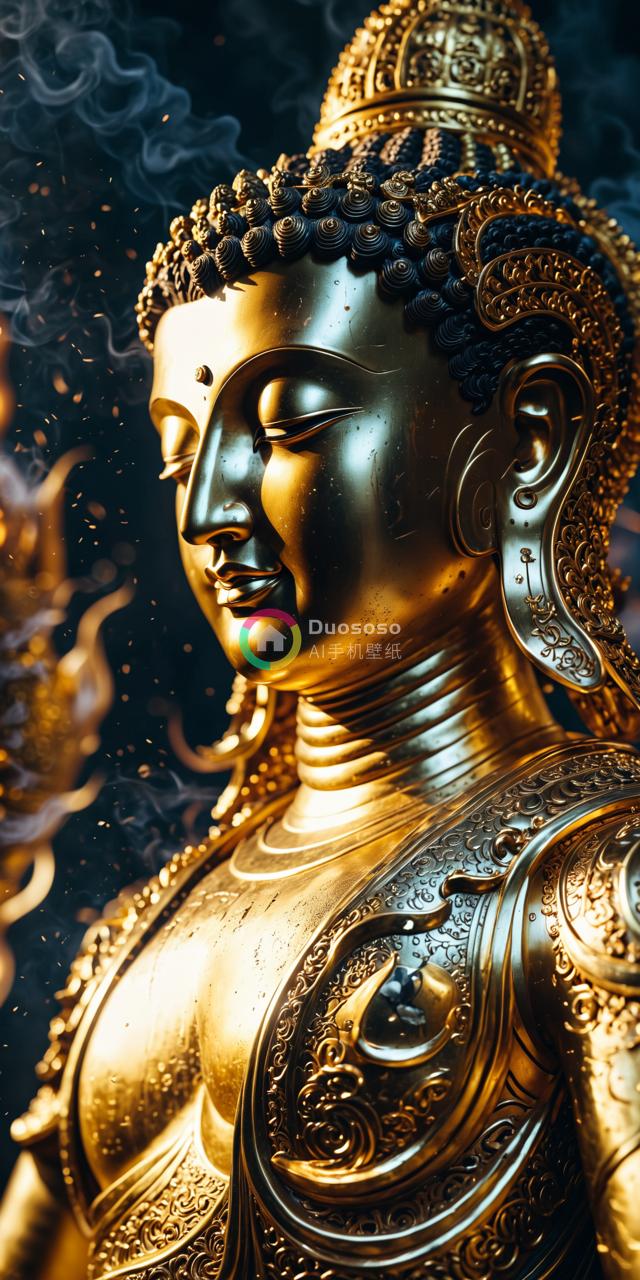 金色佛像细节近景，宁静环绕