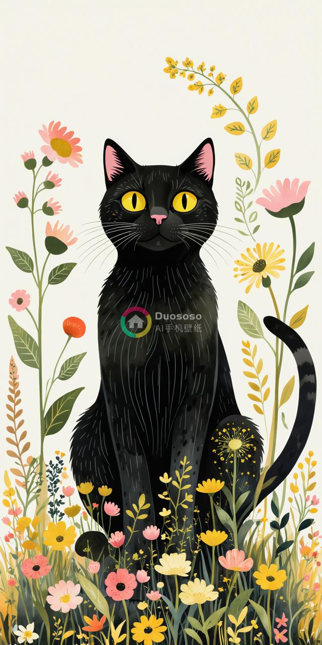一张插图展示了色彩斑斓的花园中一只优雅黑猫的亮黄眼睛，它坐在中心，目光注视着观众，周围的黑毛色与各种黄色、粉色和橙色的花朵形成鲜明对比，营造出充满活力和温馨的氛围。