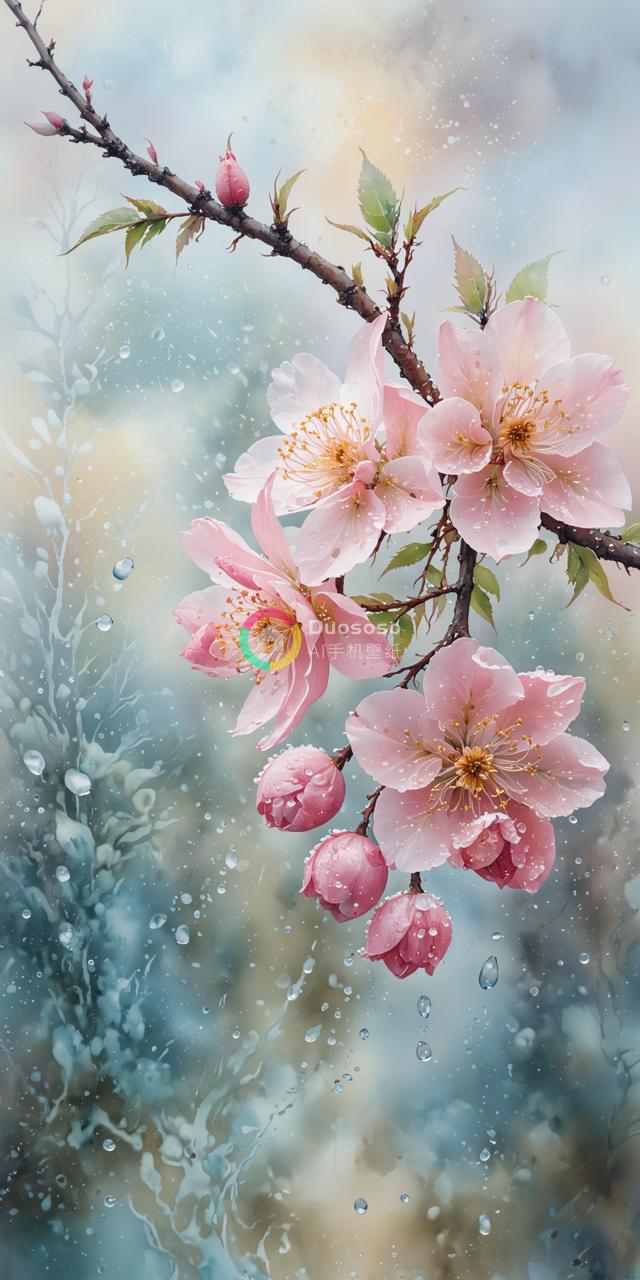 雨中美丽的粉红樱花
