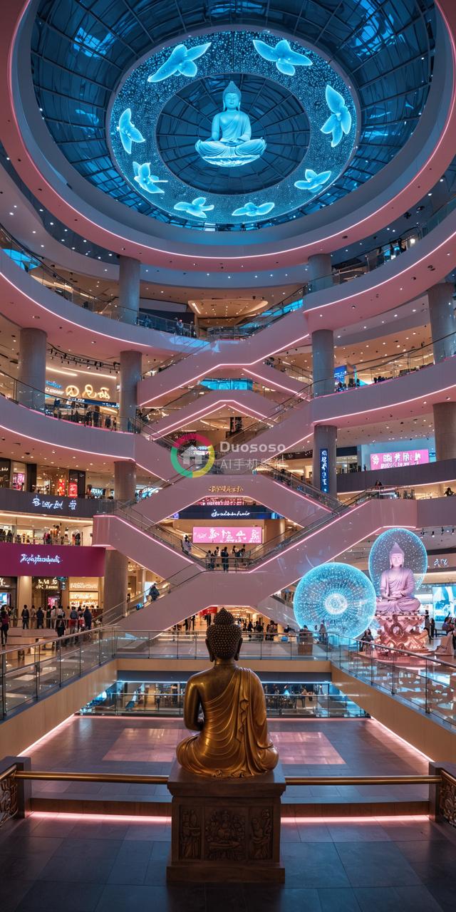 现代购物中心内部的壮丽光景：金色佛像与天窗中的蓝色光芒交织，连接不同楼层的电梯路线上，充满活力与能量。