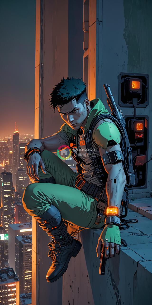 《Cyberpunk年轻男子建筑边缘夜景：孤身 vigilante confronts繁华未来》