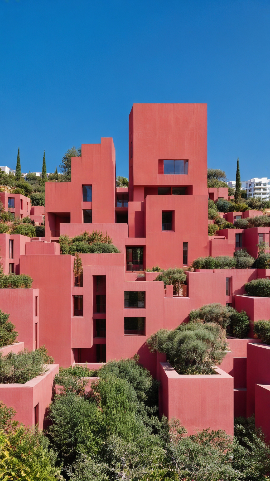 「《La Muralla Roja》」的摄影， Ricardo Bofill 的一座奇特建筑作品，位于西班牙 Calpe。图片展示了这栋楼红色的几何结构，如堡垒或迷宫，悬挂在晴朗的蓝天下。周围绿色植物构成了强烈对比的景象，与 buildings 的坚硬、角形墙壁形成鲜明的对比。建筑的严峻线条和块状形象融合了现代主义和超现实主义风格。照片中的清晰质量和明亮照明强调了颜色的鲜艳和设计元素的细部，增强了整个组成的视觉影响。