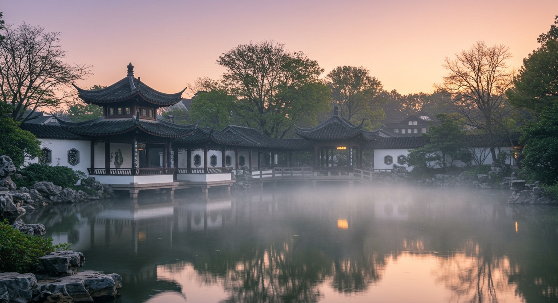 早晨的中国传统花园拍摄照，显示的是一个宁静的典型中国花园景观。场景中有一个具有曲线屋顶的古典亭子，反映在一片平静湖面上。这座花园被轻轻的晨雾笼罩，创造了一种神话般的氛围。天空展现着柔和的橙色和紫色渐变，太阳升起，温柔地照亮整个景象。周围绿色的灌木和裸树加强了中国园林设计中典型的宁静和平衡感。这幅图片捕捉的是建筑与自然之间的绝佳结合，着重于和平和宁静。