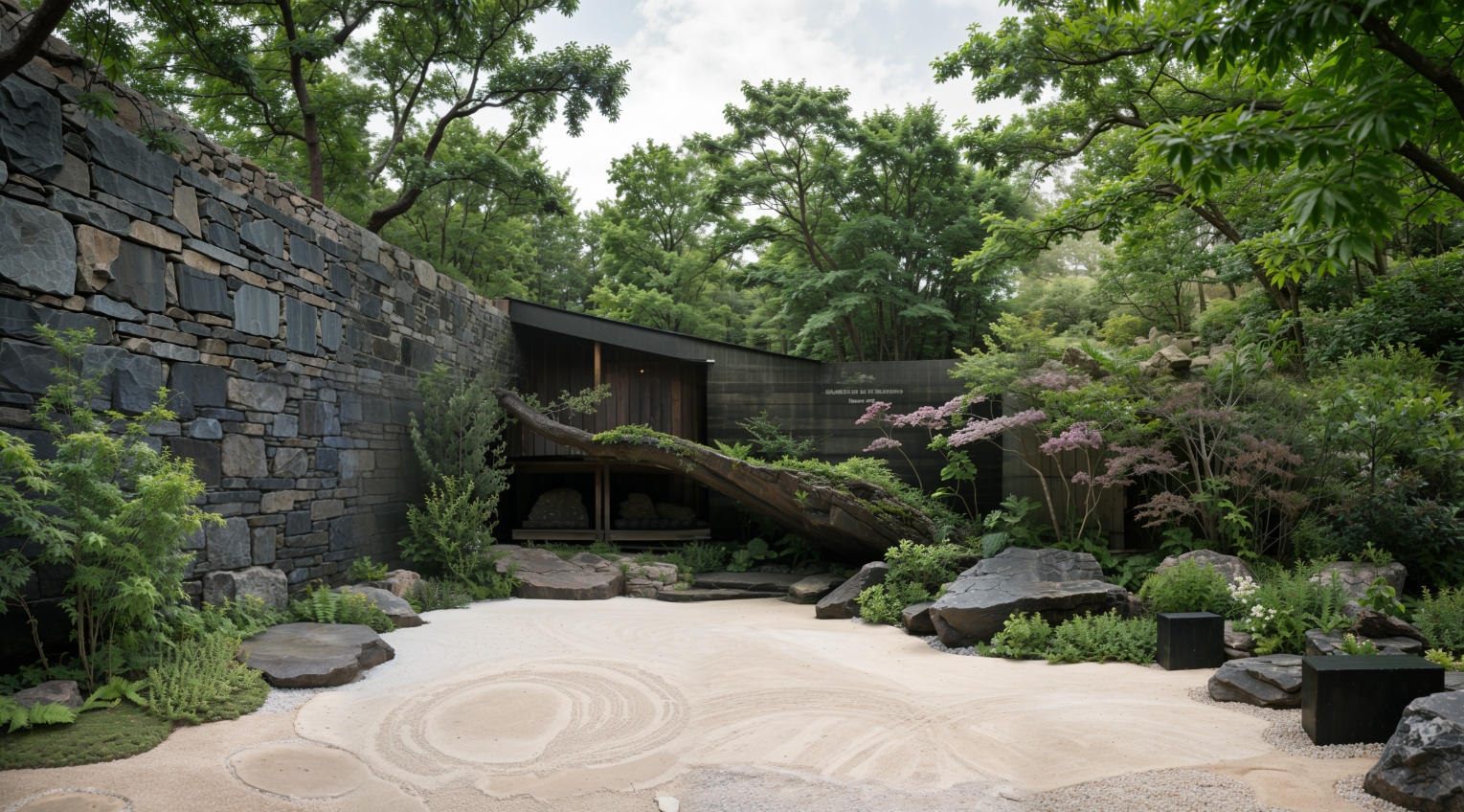 一幅宁静的日本禅寺园景摄影，展示了自然元素和谐组合的一片宁静之地。背景有一堵醒目石墙，补充了一些树木和灌木的 lush greenery，创造了一个宁静的环境。一个柔和的木结构，覆盖着苔藓和叶子，优雅地架过了被整理好的沙子，形成了复杂的图案。大石块 Strategically placed, adding to the garden's balance and aesthetic.Soft, natural lighting enhances the verdant color tones, creating a peaceful and contemplative atmosphere. The overall composition reflects traditional Japanese landscape design principles, emphasizing simplicity and tranquility.