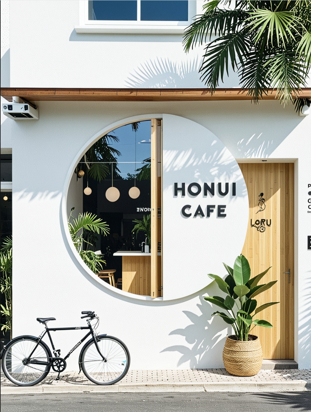 现代咖啡厅外观照片，具有简约设计。名为“HONUI CAFE”的咖啡厅拥有独特的圆形窗口，提供了室内装饰——大量叶状植物和吊灯的视觉效果。外墙主要是白色的，具有简单、干净的美学感。前面停放了一辆黑色自行车，添加了一丝随意感。带有绿色植物的编织篮式花盆增强了自然氛围，墙壁上的棕榈树影也相互补充。图片是明亮、干净的，具有天然照明和对比度。