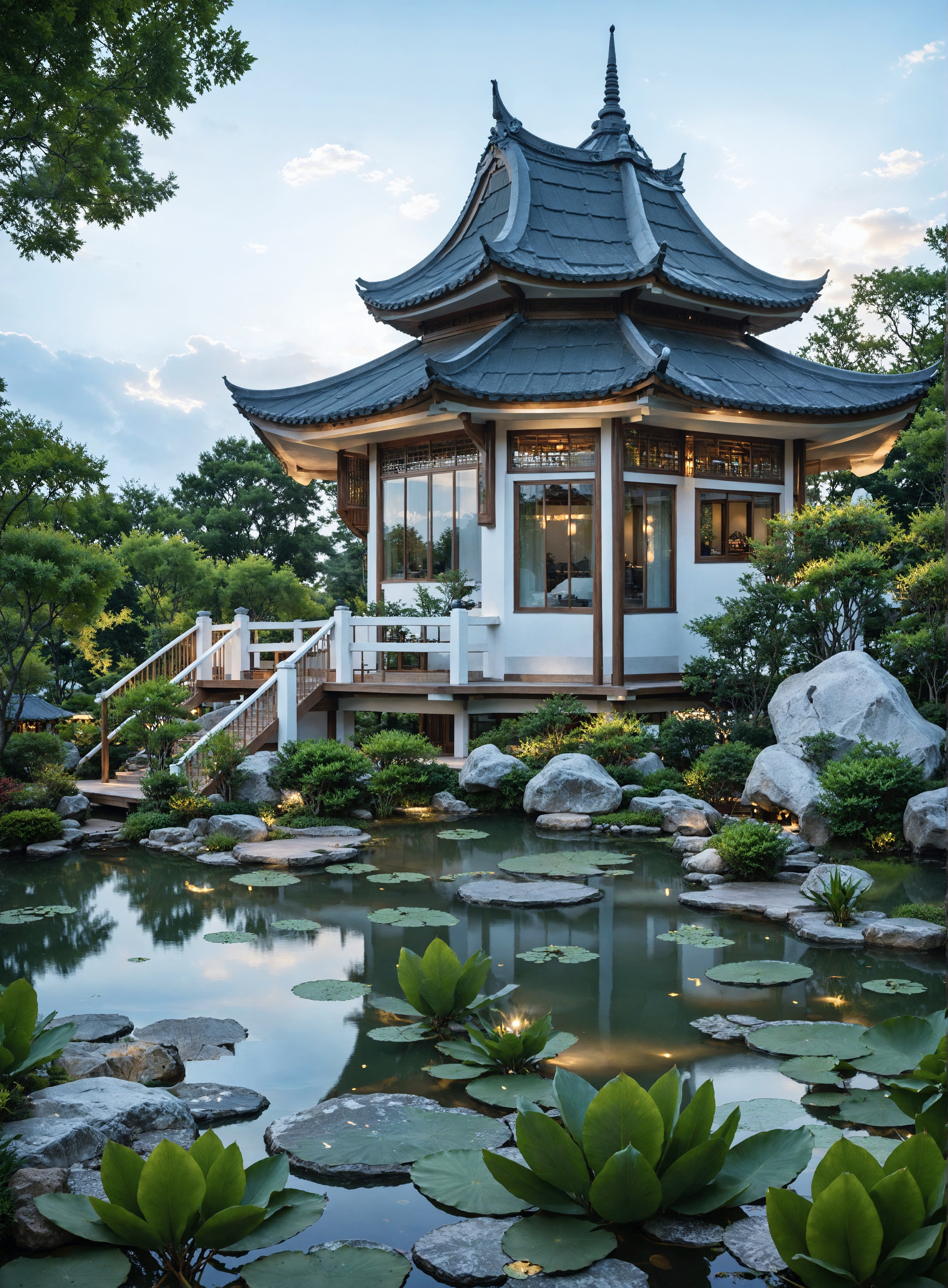 亚洲传统园林的摄影，背景是一座静谧的小 pagoda，周围绿意盎然、一池宁静的水。该 pagoda 的 roofing 是优雅、上翘的，坐落于一个平台上，可以通过白色栏杆的木质阶梯访问。大石块和修剪好的灌木点缀着景观，水莲花浮在反映池面上。这 either 是早上的或傍晚的时间，以柔和的光照暗示宁静的氛围。这个组成拍摄了自然元素与建筑美之间的和谐，感召人们感到宁静和平衡。