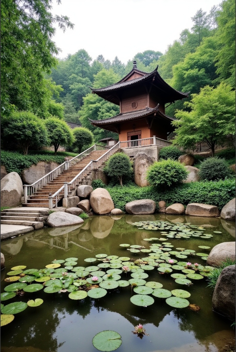 亚洲传统园林的照片，展示了一座 pagoda 式建筑。场景从低角度拍摄，从前景中的池塘开始，池塘中装饰着 lush 的莲蓬和开放的荷花，反映着周围的绿色。pagoda 的曲线屋顶站在了环绕的林木背景中，这加强了宁静的气氛。组成是平衡的，石阶上升到结构中，增加深度。颜色自然和鲜艳，柔和的散光暗示着一个阴天。