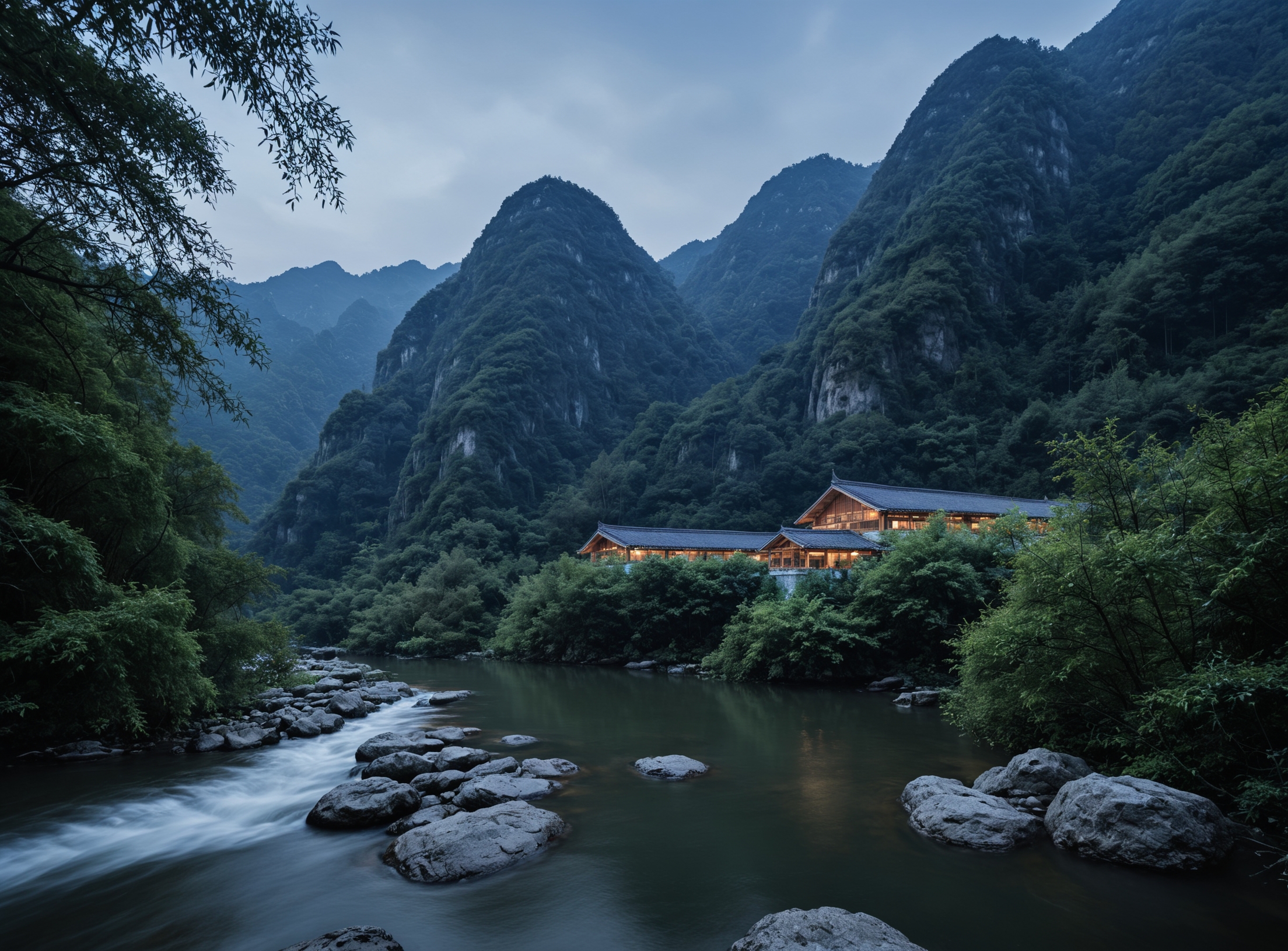 一个宁静的山区风景照，拍摄于黄昏时分。照片中展示的是丰茂、翠绿的峰峦，悬浮在一片阴沉、低云的天空下。嵌在山谷中的河流具有Smooth、柔顺的水面，两侧被大石块环绕。在河滨上，一所传统的木屋建筑的照明内部室内空间，使整个景象充满温暖、欢迎的氛围。这幅图片捕捉了一种宁静、自然的场景，以深绿色调为主。Composition强调了人造结构与周围自然之间的和谐关系，创造了一种宁静、平衡的感观。