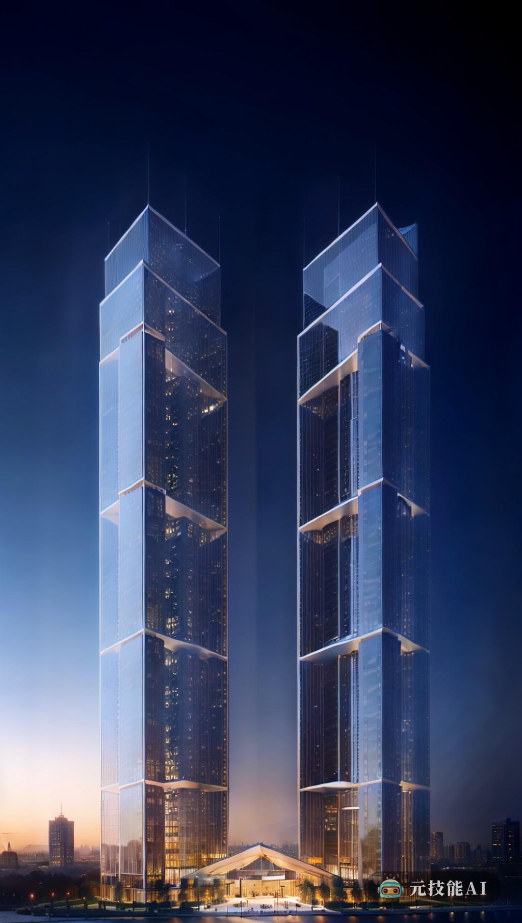AI提示词:在现代城市中,双塔高耸,体现了未来主义和现代的设计。从等距视图来看,塔楼的睡眠线和棱角分明的形状是对当代建筑原则的考验。用石灰石 ...