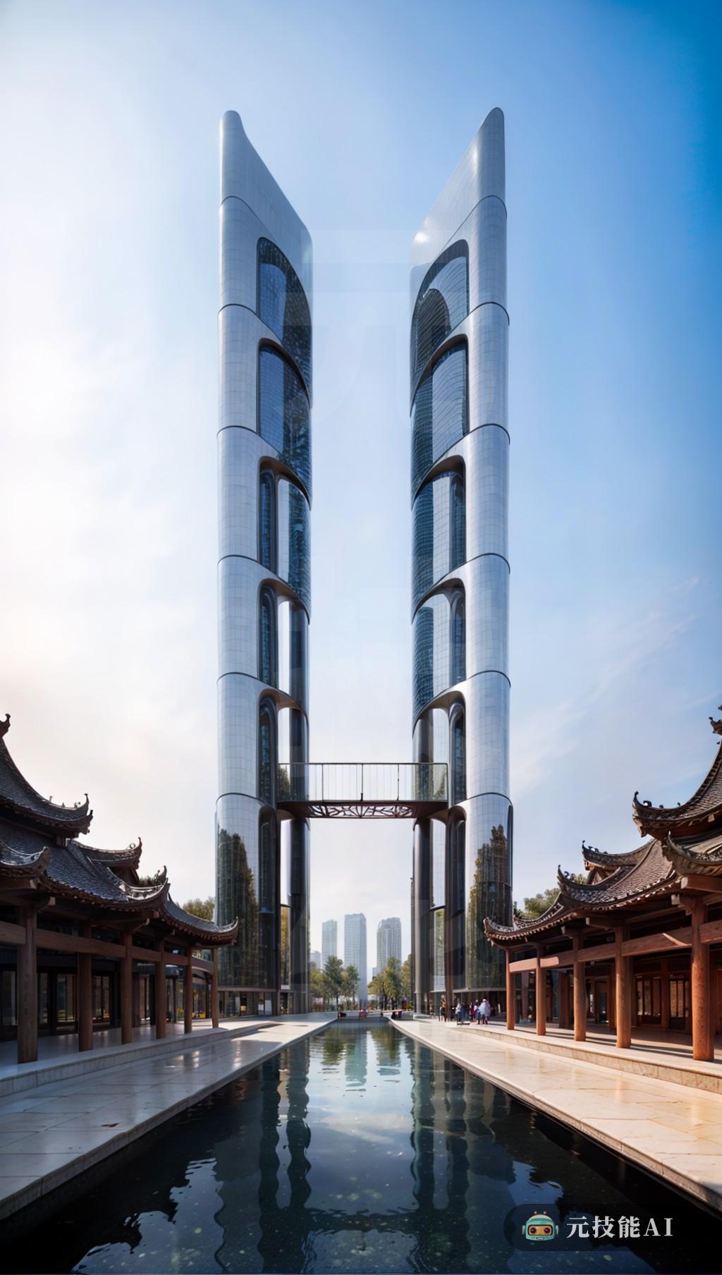 AI提示词：双塔坐落在水乡古镇的历史保护伞中，骄傲地矗立着，作为对现代设计的考验。这些肥皂状建筑植根于哥特式风格，其石头外观和复杂的细节，身体 ...