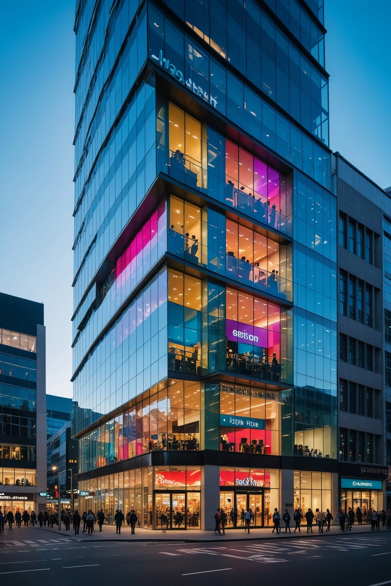 这是一座高耸入云的玻璃建筑,位于市中心繁忙的地段,周围人山人海,车水马龙。建筑的外观设计别具一格,玻璃幕墙反射出七彩的光线,与天空相得益彰。它不仅是一座办公楼,还包含零售商店和餐馆,为人们提供方便的购物和食物选择。这座建筑是这座城市现代化和进步的象征,展示了它对高质量生活和工作的追求。 这是一座高耸入云的玻璃建筑,位于市中心繁忙的地段,周围人山人海,车水马龙。建筑的外观设计别具一格,玻璃幕墙反射出七彩的光线,与天空相得益彰。它不仅是一座办公楼,还包含零售商店和餐馆,为人们提供方便的购物和食物选择。这座建筑是这座城市现代化和进步的象征,展示了它对高质量生活和工作的追求。
