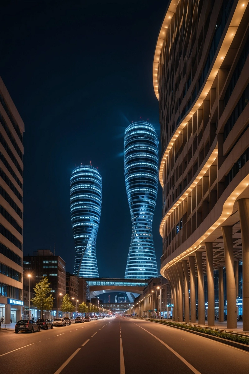 它是位于城市中心的一座独特的建筑,由两座高塔和一座空心螺旋建筑相连。它的设计可能受到了城市道路结构的启发,两座塔楼象征着主干道,螺旋形建筑代表着立交桥。到了晚上,建筑的照明设施将照亮整个城市,成为一道美丽的风景线。 它是位于城市中心的一座独特的建筑,由两座高塔和一座空心螺旋建筑相连。它的设计可能受到了城市道路结构的启发,两座塔楼象征着主干道,螺旋形建筑代表着立交桥。到了晚上,建筑的照明设施将照亮整个城市,成为一道美丽的风景线。