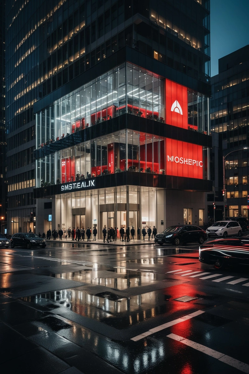 夜晚,一座灯火通明的现代建筑屹立在城市的中心,其独特的设计,玻璃幕墙在灯光下闪闪发光,让人眼前一亮。建筑的立面上用白色的大字标记着MO,这可能是它的品牌标识。建筑底部有多个玻璃入口,方便人们进入建筑。街道两边有很多车辆,包括黑色的汽车,红色的出租车和几辆电动汽车。人行道上有许多行人。他们不是在走路就是在等着过马路。周围的建筑也是高层建筑,但这座现代建筑的照明最引人注目。 夜晚,一座灯火通明的现代建筑屹立在城市的中心,其独特的设计,玻璃幕墙在灯光下闪闪发光,让人眼前一亮。建筑的立面上用白色的大字标记着MO,这可能是它的品牌标识。建筑底部有多个玻璃入口,方便人们进入建筑。街道两边有很多车辆,包括黑色的汽车,红色的出租车和几辆电动汽车。人行道上有许多行人。他们不是在走路就是在等着过马路。周围的建筑也是高层建筑,但这座现代建筑的照明最引人注目。