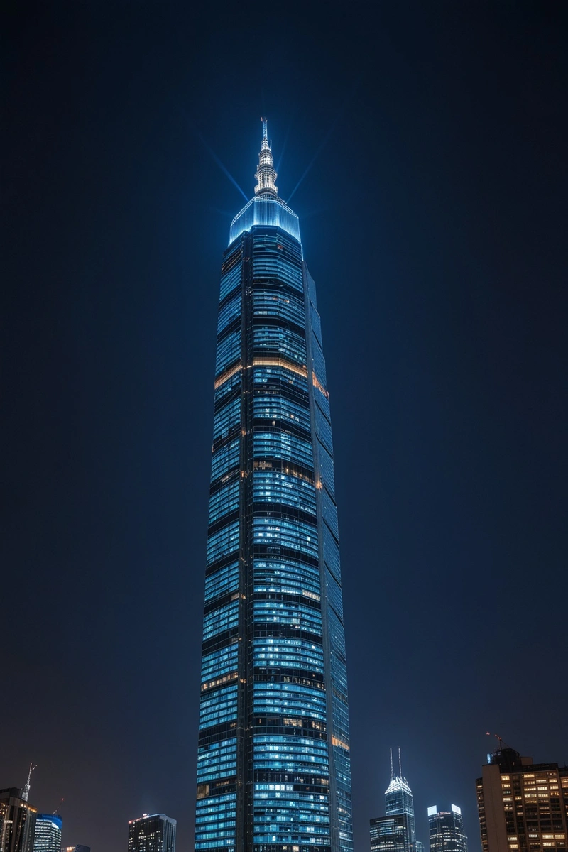 夜晚的城市，一座高耸的摩天大楼矗立在中心，它的外墙像一个发光的灯塔。与之形成对比的是，周围的建筑物显得暗淡无光。天空是深蓝的，没有星星，却有熙熙攘攘的城市。