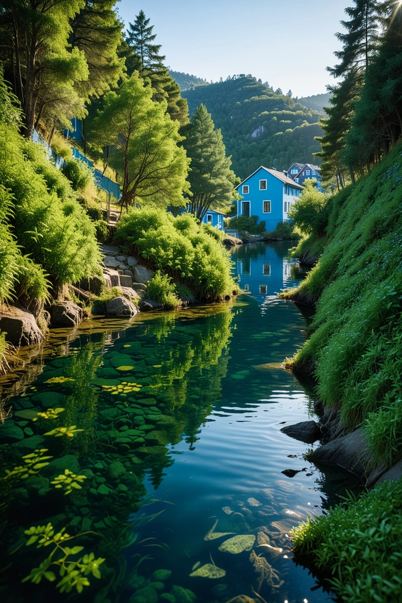 沿着长满常青树的陡峭山坡，一条狭窄的小路通向远处的蓝色房屋。海藻漂浮在湖面上，阳光反射在水面上，形成了美丽的斑点。