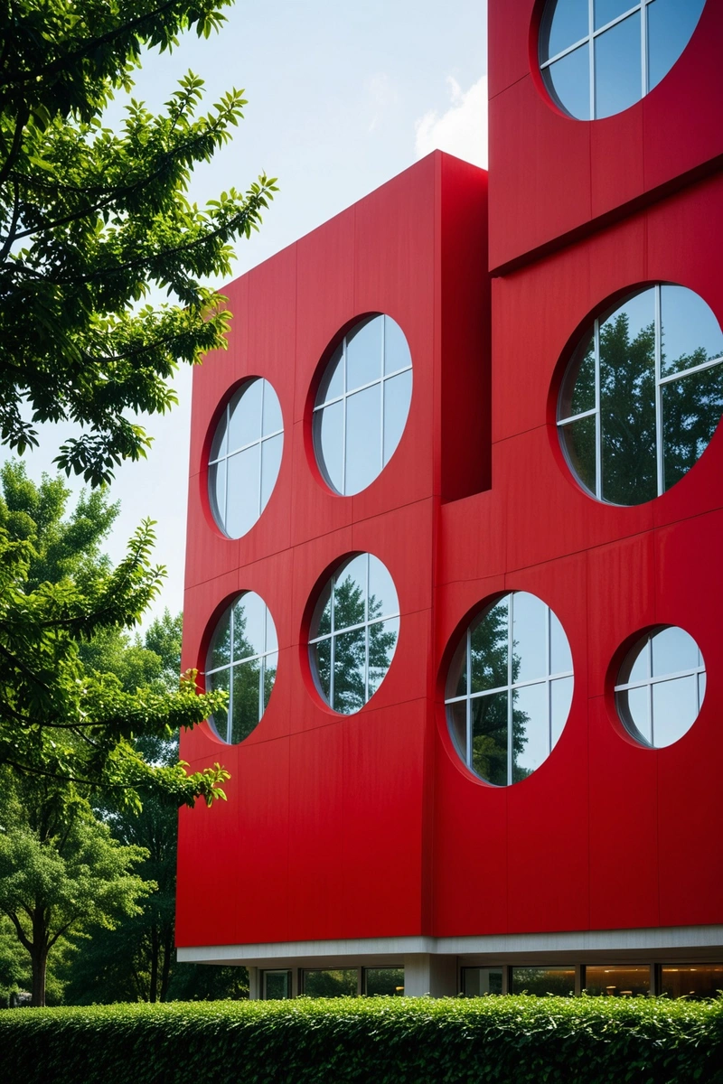 这是一座独特的红色建筑,被设计成科幻小说中的未来城市。建筑的外部是明亮的红色,具有独特的形状,有些部分呈现出类似立方体或长方体的形状,而其他部分更像弯曲的圆柱体。建筑物的顶部是一个像飞碟的白色装饰品,上面有两个圆形的白色灯。此外,建筑的角落也设计了黄色的圆形装饰品。建筑的窗户和阳台也各不相同,有些窗户是矩形的,而阳台则有各种形状和大小。在建筑物的底部,有一些圆形和矩形的窗户。整个建筑被树木环绕,为这个科幻小说般的环境增添了一些自然元素。 这是一座独特的红色建筑,被设计成科幻小说中的未来城市。建筑的外部是明亮的红色,具有独特的形状,有些部分呈现出类似立方体或长方体的形状,而其他部分更像弯曲的圆柱体。建筑物的顶部是一个像飞碟的白色装饰品,上面有两个圆形的白色灯。此外,建筑的角落也设计了黄色的圆形装饰品。建筑的窗户和阳台也各不相同,有些窗户是矩形的,而阳台则有各种形状和大小。在建筑物的底部,有一些圆形和矩形的窗户。整个建筑被树木环绕,为这个科幻小说般的环境增添了一些自然元素。