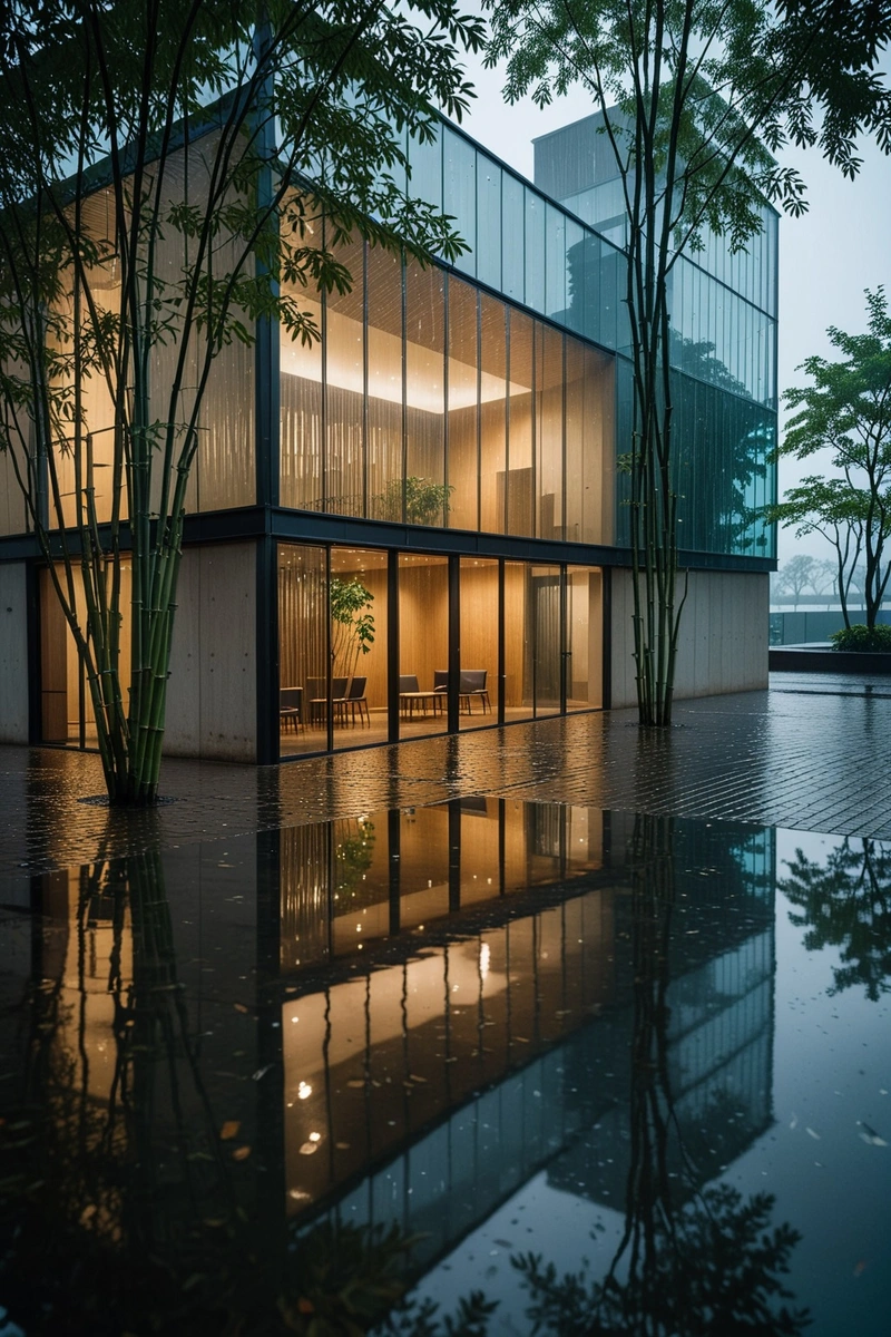 在雨天的倒影中，一座巨大的现代建筑矗立在水面上。建筑的外部是透明的，允许眼睛穿透它，看到里面的结构。在建筑的角落，有一个类似竹子的结构，为建筑增添了一些东方元素。在建筑前面，有两个行人，他们似乎在享受这下雨天的宁静。在大楼的左侧，有一排树，它们的叶子在雨中显得格外明亮。整个场景有一种平静而现代的感觉。