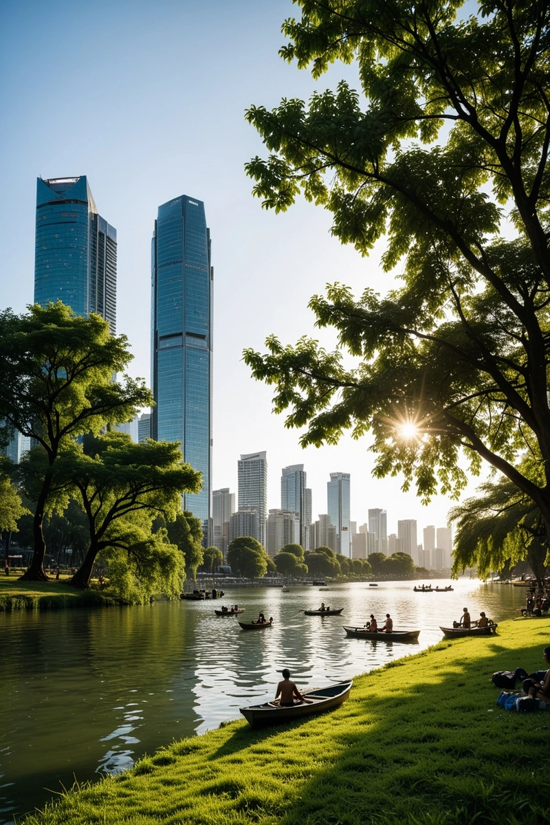 在潺潺的河水上，人们在绿树成荫的草坪上享受阳光。一些船漂浮在水面上，一些人在船上或在水里游泳。远处是城市的天际线，高楼大厦随处可见。有些人在岸边钓鱼，有些人在树荫下休息，还有一些人在水里游泳或玩耍。这是一个充满生机和活力的场景。