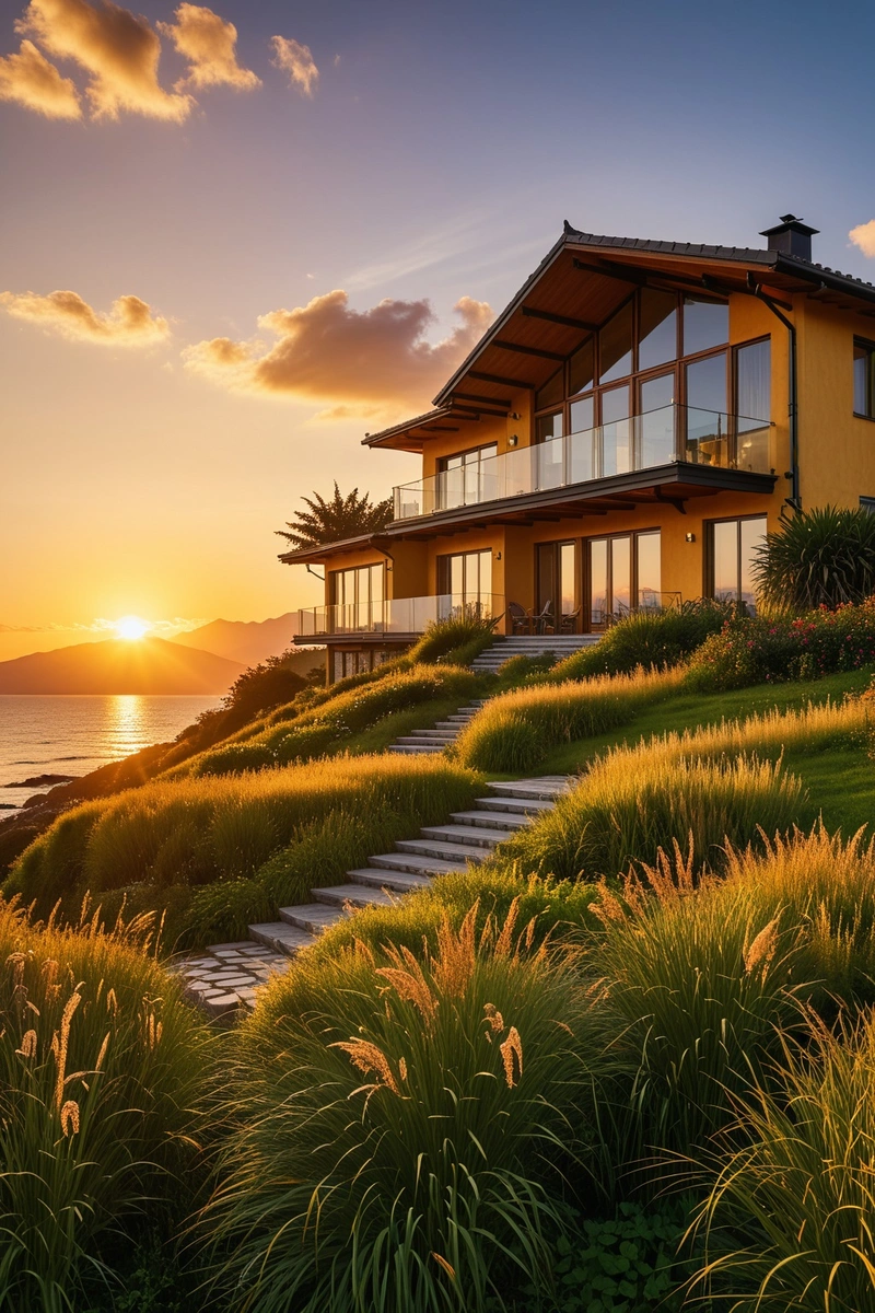 在金色的夕阳下,海边的一座房子骄傲地矗立在高高的草丛中。房子由多个圆圈组成,每个圆圈都有门和窗户,整个房子看起来像一个巨大的花园。波浪在落日的余晖中闪闪发光,远处的山峦和天空色彩斑斓。 在金色的夕阳下,海边的一座房子骄傲地矗立在高高的草丛中。房子由多个圆圈组成,每个圆圈都有门和窗户,整个房子看起来像一个巨大的花园。波浪在落日的余晖中闪闪发光,远处的山峦和天空色彩斑斓。