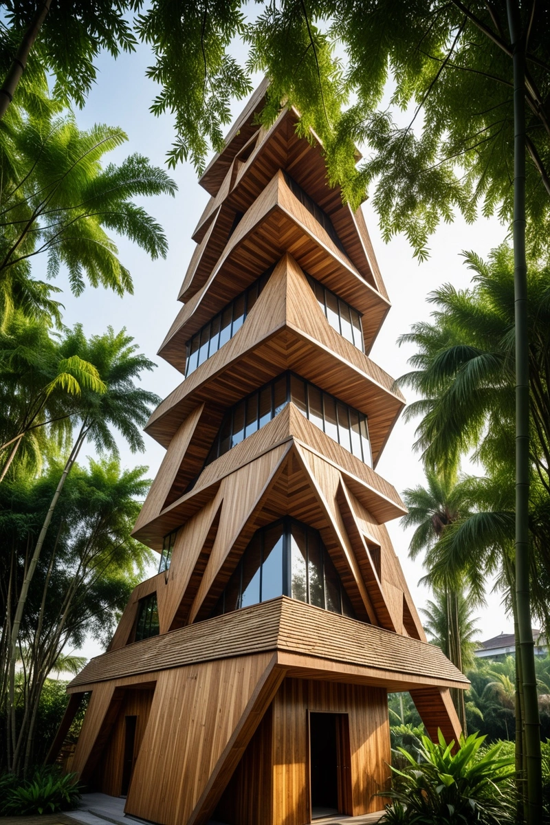 它是一座由天然木材制成的复杂建筑,设计独特,形状像金字塔。建筑的表面覆盖着木制的三角形面板,每个面板都呈现出不同的角度和形状。在建筑物的顶部,有一个由木板制成的尖塔。建筑两侧有竹隔断,为建筑增添了独特的氛围。整个建筑被绿色和竹子包围,使其看起来更加自然和谐。 它是一座由天然木材制成的复杂建筑,设计独特,形状像金字塔。建筑的表面覆盖着木制的三角形面板,每个面板都呈现出不同的角度和形状。在建筑物的顶部,有一个由木板制成的尖塔。建筑两侧有竹隔断,为建筑增添了独特的氛围。整个建筑被绿色和竹子包围,使其看起来更加自然和谐。