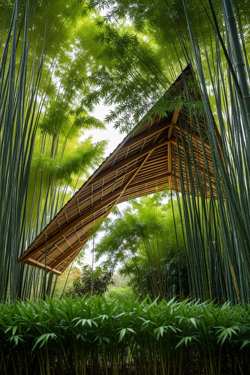 在一片竹林中间，矗立着一座棕色的木制建筑，它的屋顶像一把巨大的伞一样展开。屋顶由许多木制部件组成，有些是棕色的，有些是灰色的。这些零件的形状各不相同，有的呈矩形，有的呈方形，有的呈三角形。建筑的底部由许多形状和大小各异的玻璃窗组成。在楼前的地上，有许多枯叶，它们的颜色是黄褐色的。在叶子的中间，有一块石头，它的颜色是灰色的。此外，在图像中还可以看到一片密密麻麻的竹叶，它们大小不一，最大的竹叶叶缘是黑色的。