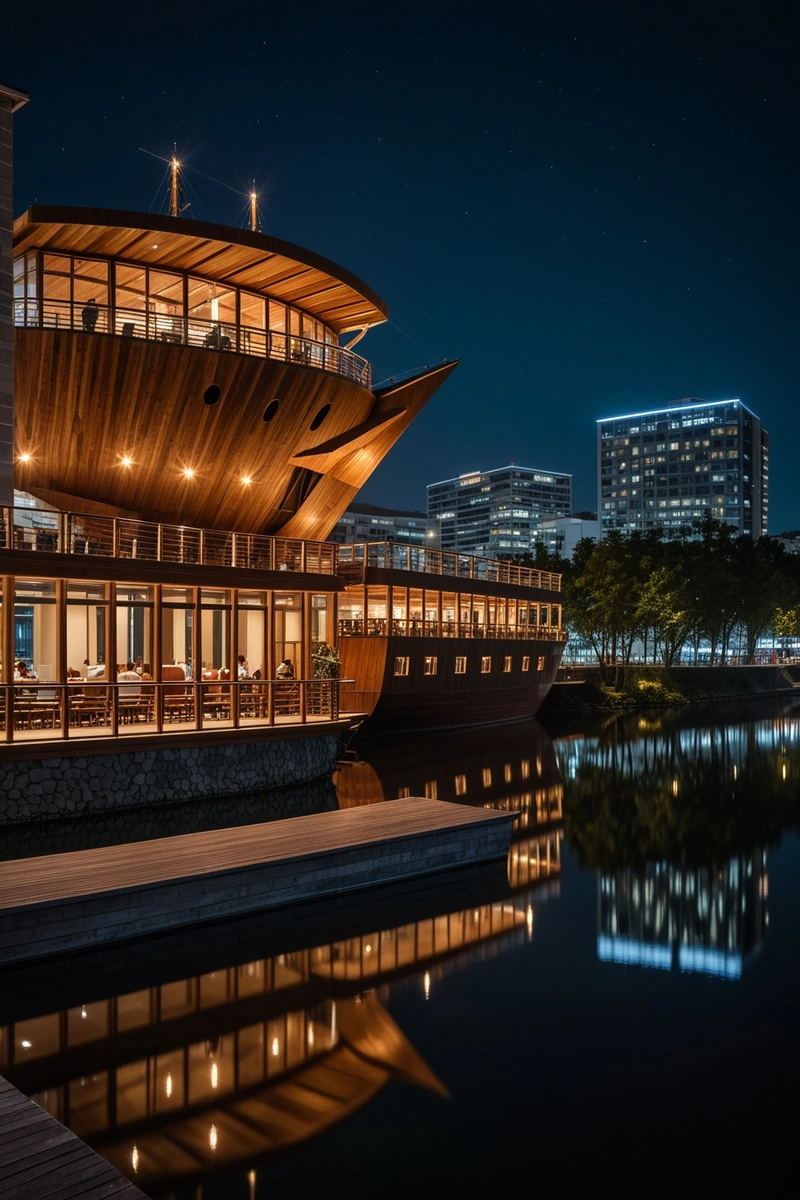 这是这座城市的夜景，展示了一座木制和玻璃建筑，其独特的外观设计就像一艘巨大的木船。建筑被一条小河环绕，河水映衬着建筑。大楼前聚集着一群人，他们的剪影在河的栏杆上形成，为照片增添了生动性。在夜晚的背景下，整个景色显得非常安静和美丽。