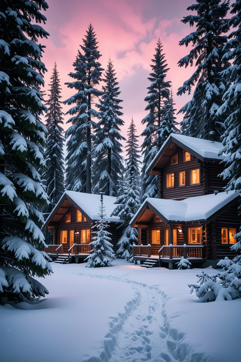 这是一个小屋的照片，展示了一个下雪的冬天的场景。三个小木屋被雪覆盖，周围是被雪覆盖的云杉森林。在粉红色和灰色的天空下，这个冬季的仙境看起来非常宁静祥和。