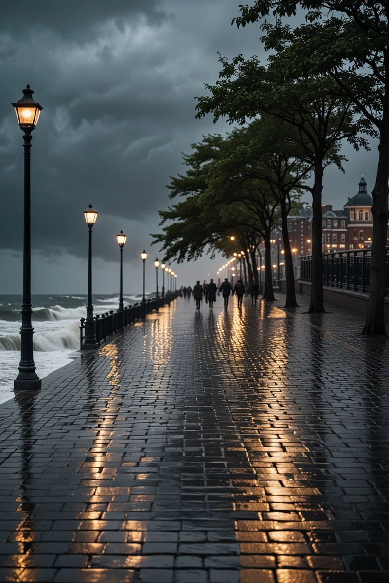 海滨长廊在风雨交加的天气里，灰色的走砖，海浪滚滚，人们在远处行走