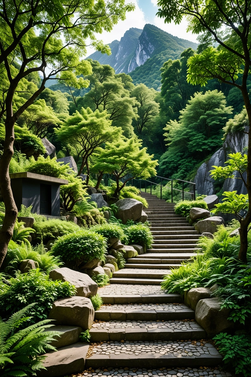 在这幅图中,我们可以看到一系列由混凝土和石头制成的台阶和栏杆,周围是绿色的树木和岩石。台阶上方是一座设计独特的黑色建筑,与周围的自然融为一体。在这个景观中,我们还可以看到一座大山和许多绿树,为场景增添了生命和活力。此外,我们还可以在这个场景中看到一些人,他们似乎很享受这个美丽的自然环境。 在这幅图中,我们可以看到一系列由混凝土和石头制成的台阶和栏杆,周围是绿色的树木和岩石。台阶上方是一座设计独特的黑色建筑,与周围的自然融为一体。在这个景观中,我们还可以看到一座大山和许多绿树,为场景增添了生命和活力。此外,我们还可以在这个场景中看到一些人,他们似乎很享受这个美丽的自然环境。