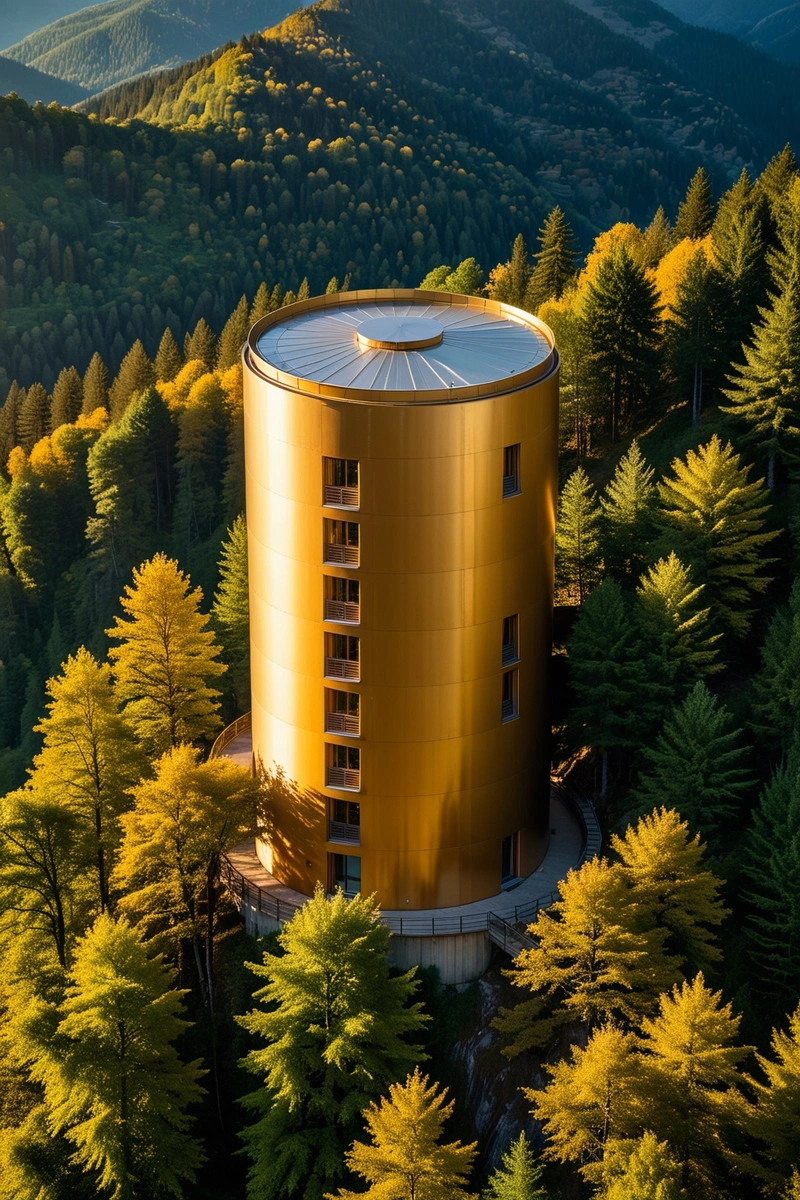 这是一座建在山顶上的金色圆柱形建筑,它独特的设计和位置使它在树林中脱颖而出。它被树木和山脉所环绕,与自然环境融为一体。从高处俯瞰,可以清楚地看到它的整体,它金色的外表在阳光下闪闪发光,令人惊叹。 这是一座建在山顶上的金色圆柱形建筑,它独特的设计和位置使它在树林中脱颖而出。它被树木和山脉所环绕,与自然环境融为一体。从高处俯瞰,可以清楚地看到它的整体,它金色的外表在阳光下闪闪发光,令人惊叹。