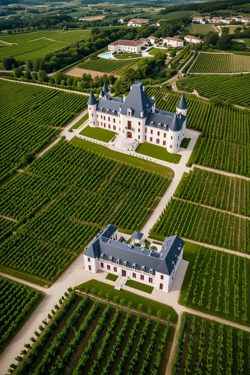 现代建筑和Chateau La Dominique的葡萄园,无人机视图。 现代建筑和Chateau La Dominique的葡萄园,无人机视图。