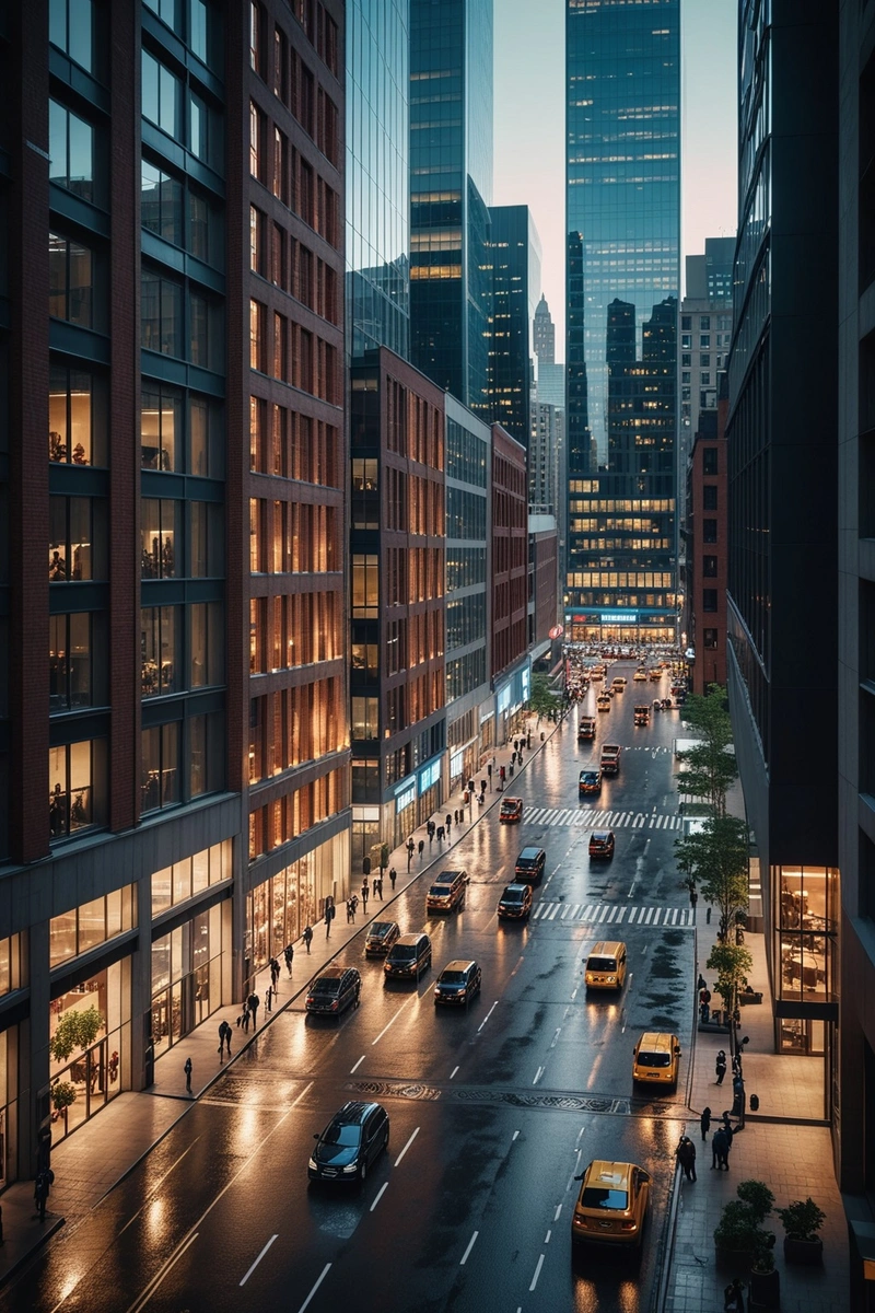 俯瞰繁忙的城市街区,中心是一座现代玻璃建筑,周围是交错的砖石结构。街道上人来人往,车辆穿梭于街道之间,显示出城市的繁荣与活力。 俯瞰繁忙的城市街区,中心是一座现代玻璃建筑,周围是交错的砖石结构。街道上人来人往,车辆穿梭于街道之间,显示出城市的繁荣与活力。