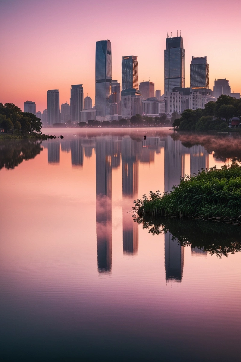 在宁静的湖面上，现代城市的天际线在薄雾中隐约可见。湖边耸立着高楼大厦，最左边的建筑明显高于其他建筑，这些建筑也反射在水中。远处的天空被夕阳染成粉红色，与湖泊和城市天际线相得益彰，创造了美丽的城市景观。