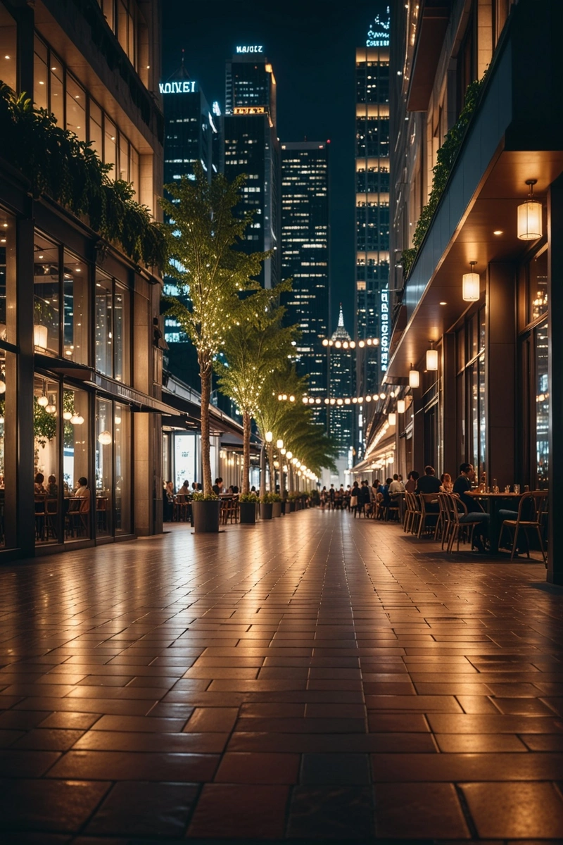 夜晚的城市里，人们走在人行道上，周围都是高楼大厦。一些人坐在露天咖啡馆的桌旁，享受着夜晚的气氛。大楼上的灯光照亮了整个景色。