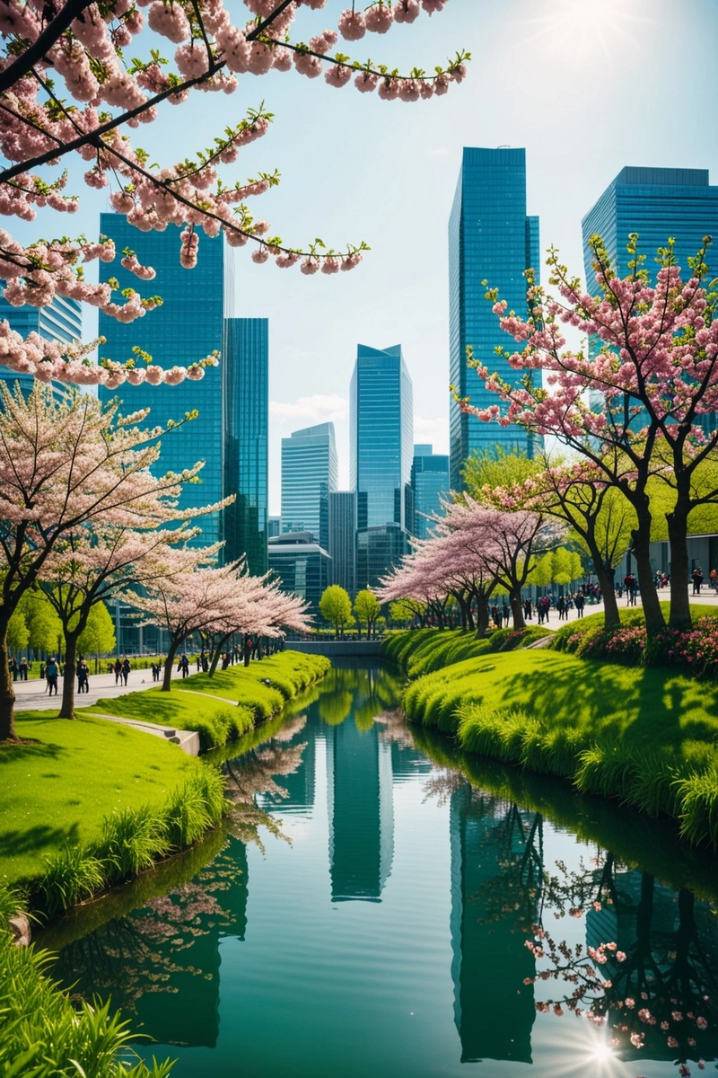 在城市规划中,设计师创造了一个充满活力的绿色空间,包括一个池塘和樱花树。远处耸立着一座摩天大楼。这个场景展现了城市与自然的和谐共存。 在城市规划中,设计师创造了一个充满活力的绿色空间,包括一个池塘和樱花树。远处耸立着一座摩天大楼。这个场景展现了城市与自然的和谐共存。