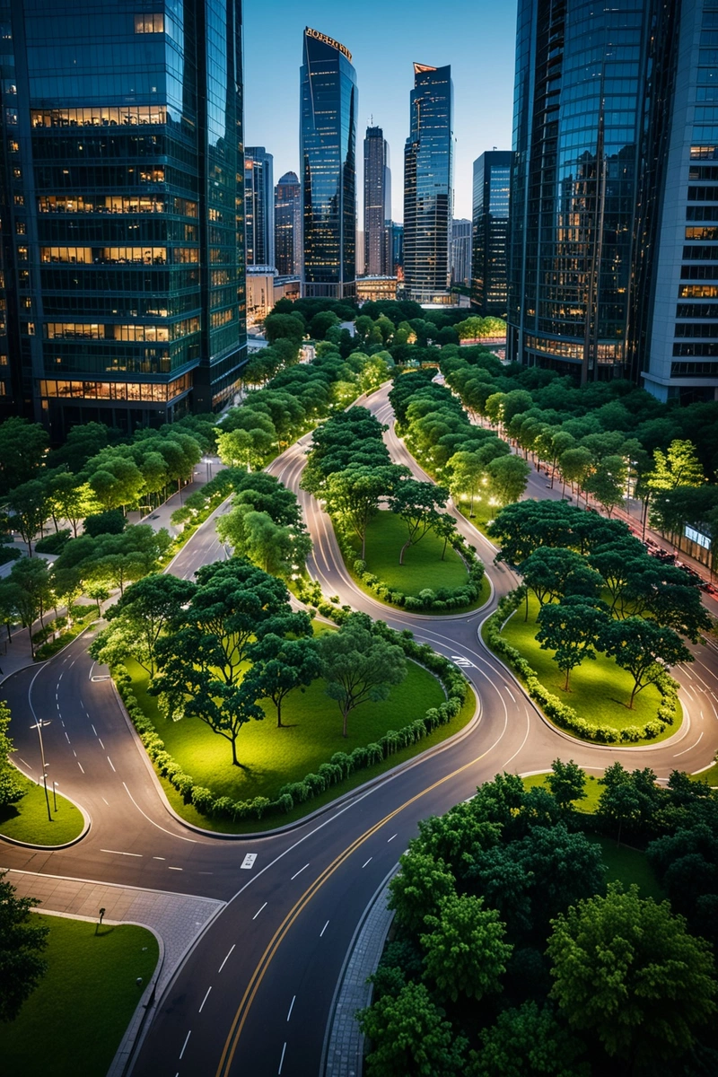 在城市的中心，有一个被高层建筑包围的绿地，有蜿蜒的道路、树木和座位，是一个城市的绿洲。