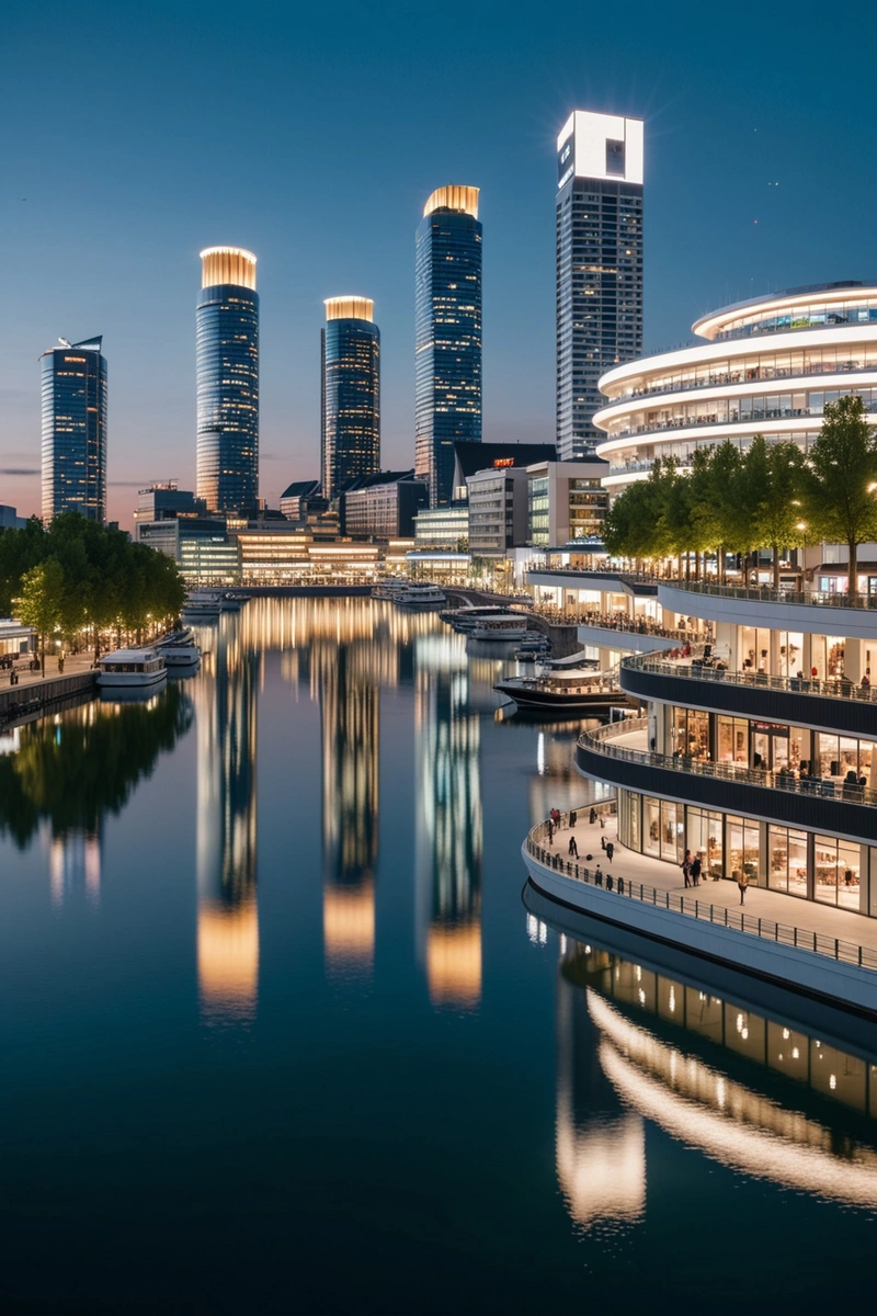 在城市的天际线上,我们可以看到一系列的现代建筑,包括一个大型购物中心和周围的公寓楼。所有的建筑都被设计成白色,给人一种干净、现代的感觉。在购物中心旁边,有一个大湖,湖上有几艘游船。整个场景给人一种繁荣和活力的感觉,展示了城市的发展和进步。 在城市的天际线上,我们可以看到一系列的现代建筑,包括一个大型购物中心和周围的公寓楼。所有的建筑都被设计成白色,给人一种干净、现代的感觉。在购物中心旁边,有一个大湖,湖上有几艘游船。整个场景给人一种繁荣和活力的感觉,展示了城市的发展和进步。