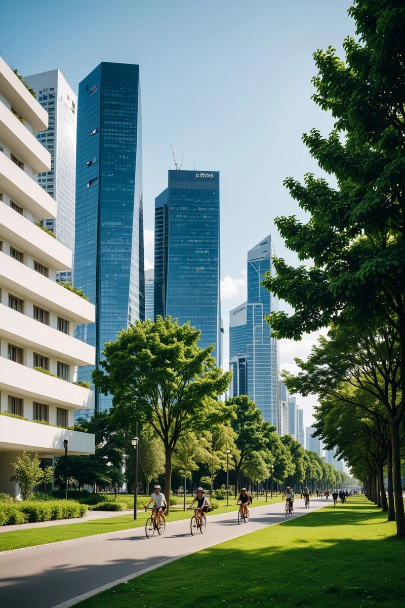 在茂密的树木和草坪之间，人们享受着户外活动。他们中的一些人在骑自行车，一些人在散步，一些人在看他们的孩子。它周围有几栋住宅楼，其中一栋有白色的立面，另一栋是灰色的。在远处，可以看到几座高楼的天际线。整个场景充满了生机和活力。