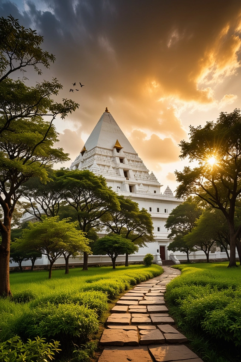 在暴风雨的天空下，一个令人惊叹的印度寺庙的景色显露出来。寺庙的主体建筑是一个巨大的白色金字塔形结构，周围环绕着一系列白色建筑，包括矩形建筑和圆顶建筑。在主楼的前面，有一条石道通向主楼。小路两旁种上了许多树木，它们的枝叶在阳光下形成了一片绿色的海洋。在图片的最左边，有一座高塔，它的顶部被夕阳染成了金色。天空中可以看到一群鸟在飞翔，它们的翅膀在阳光下闪闪发光。整个画面给人一种宁静而神秘的感觉。