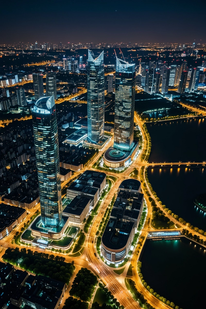 从夜间的鸟瞰图中可以看到一个由主要道路环绕的大型玻璃墙建筑群。在建筑群周围,还有其他高层建筑和一些绿色公园区域。在图片的最右边,你也可以看到一条河。整个画面充满了城市的繁荣与活力。 从夜间的鸟瞰图中可以看到一个由主要道路环绕的大型玻璃墙建筑群。在建筑群周围,还有其他高层建筑和一些绿色公园区域。在图片的最右边,你也可以看到一条河。整个画面充满了城市的繁荣与活力。