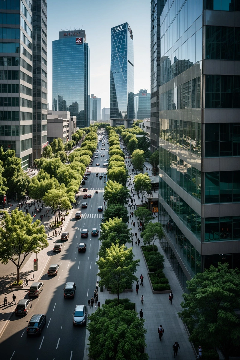 在北京市中心，一条繁忙的街道上车水马龙。街道两旁林立着高层建筑，左边是设计独特的立方体建筑，中间是灰色的圆柱形建筑，右边是现代玻璃幕墙建筑。街道两旁种了许多树，为这个繁华的城市中心增添了一抹绿色。