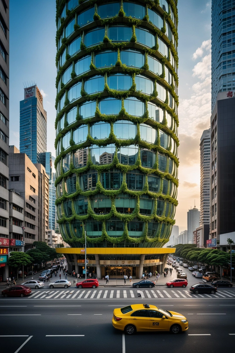 在台湾台北的一条开阔的街道上,矗立着一座设计独特的摩天大楼,它的主体是一个长长的、螺旋形的圆柱体,形状像一个洋葱。建筑的立面由许多小玻璃窗组成,它们以一种独特的纹理效果排列。在建筑的底部,有一个绿色的草坪,许多行人和车辆经过。其中,有很多人走在街上,也有一些车辆在路上行驶,其中包括一辆黄色出租车。此外,还有一些鸟儿在天空中飞翔,整个场景呈现出繁荣与自然和谐共存的景象。 在台湾台北的一条开阔的街道上,矗立着一座设计独特的摩天大楼,它的主体是一个长长的、螺旋形的圆柱体,形状像一个洋葱。建筑的立面由许多小玻璃窗组成,它们以一种独特的纹理效果排列。在建筑的底部,有一个绿色的草坪,许多行人和车辆经过。其中,有很多人走在街上,也有一些车辆在路上行驶,其中包括一辆黄色出租车。此外,还有一些鸟儿在天空中飞翔,整个场景呈现出繁荣与自然和谐共存的景象。