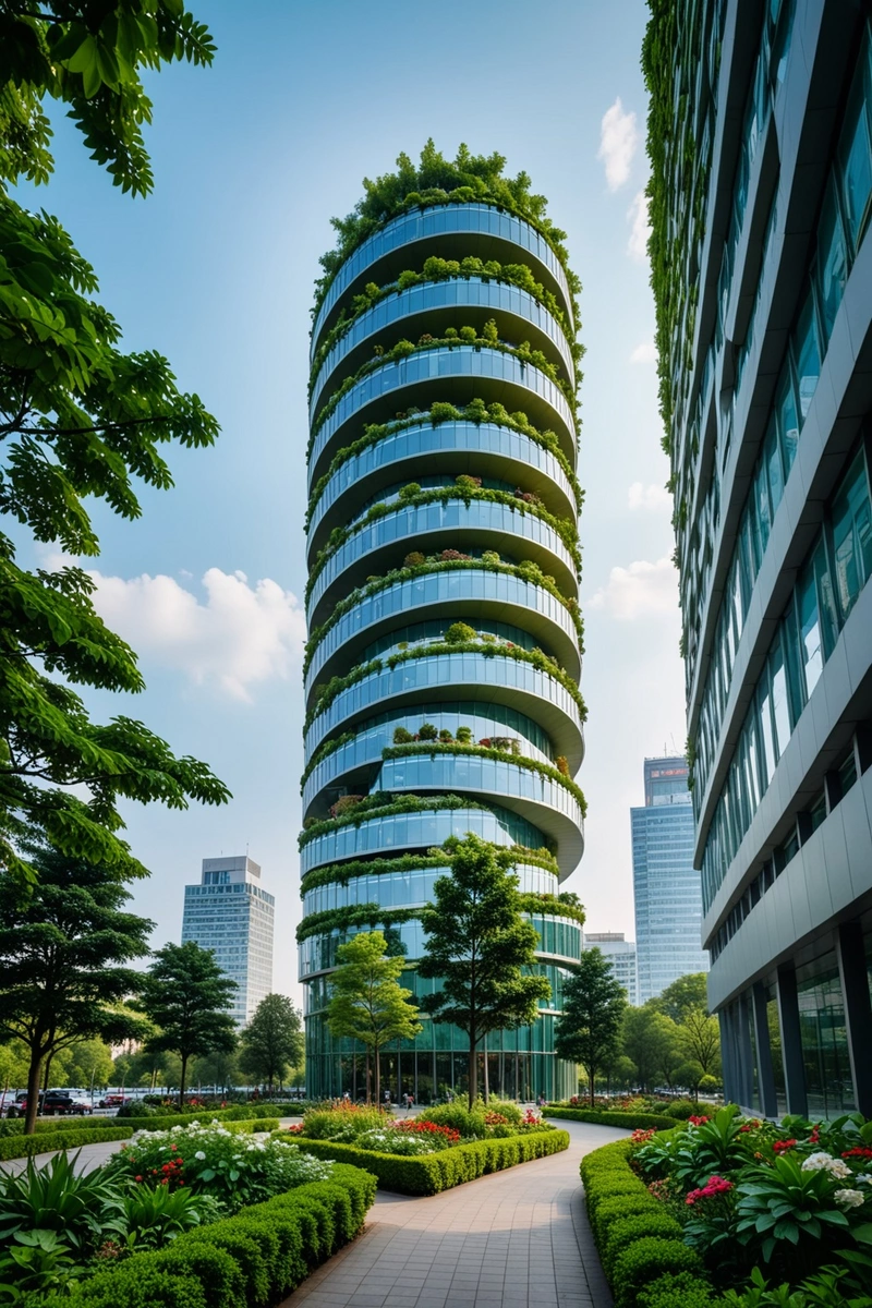 在市中心一条繁忙的街道旁,有一座设计独特的扭曲摩天大楼。该建筑呈螺旋形,底部宽,顶部窄,就像一个巨大的三维圆柱体。建筑的表面由许多小立方体组成,随着建筑的上升,这些立方体逐渐变小,给人一种复杂的视觉效果。建筑的顶部是一个大型的绿色植物园,种植了各种树木和花卉,为城市的生态环境增添了活力。 在市中心一条繁忙的街道旁,有一座设计独特的扭曲摩天大楼。该建筑呈螺旋形,底部宽,顶部窄,就像一个巨大的三维圆柱体。建筑的表面由许多小立方体组成,随着建筑的上升,这些立方体逐渐变小,给人一种复杂的视觉效果。建筑的顶部是一个大型的绿色植物园,种植了各种树木和花卉,为城市的生态环境增添了活力。
