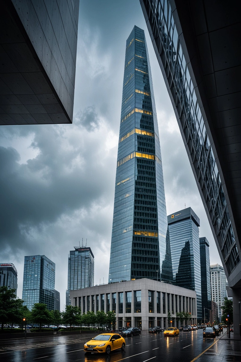 在暴风雨的天气里,一座高耸的现代办公大楼矗立在城市的中心。建筑外观设计独特,像一个巨大的玻璃圆锥体,充满了未来主义风格。这座建筑的地基是用厚混凝土制成的,以抵御风暴的冲击。在大楼的最顶层,有一个观景台,供人们欣赏城市的全景。在建筑物的一侧,有几个大型机械臂,用于维护和修复建筑物的外部结构。在建筑物的底部,有一辆黄色的车辆在工作,它的存在显示了建筑物的日常维护和运营。 在暴风雨的天气里,一座高耸的现代办公大楼矗立在城市的中心。建筑外观设计独特,像一个巨大的玻璃圆锥体,充满了未来主义风格。这座建筑的地基是用厚混凝土制成的,以抵御风暴的冲击。在大楼的最顶层,有一个观景台,供人们欣赏城市的全景。在建筑物的一侧,有几个大型机械臂,用于维护和修复建筑物的外部结构。在建筑物的底部,有一辆黄色的车辆在工作,它的存在显示了建筑物的日常维护和运营。