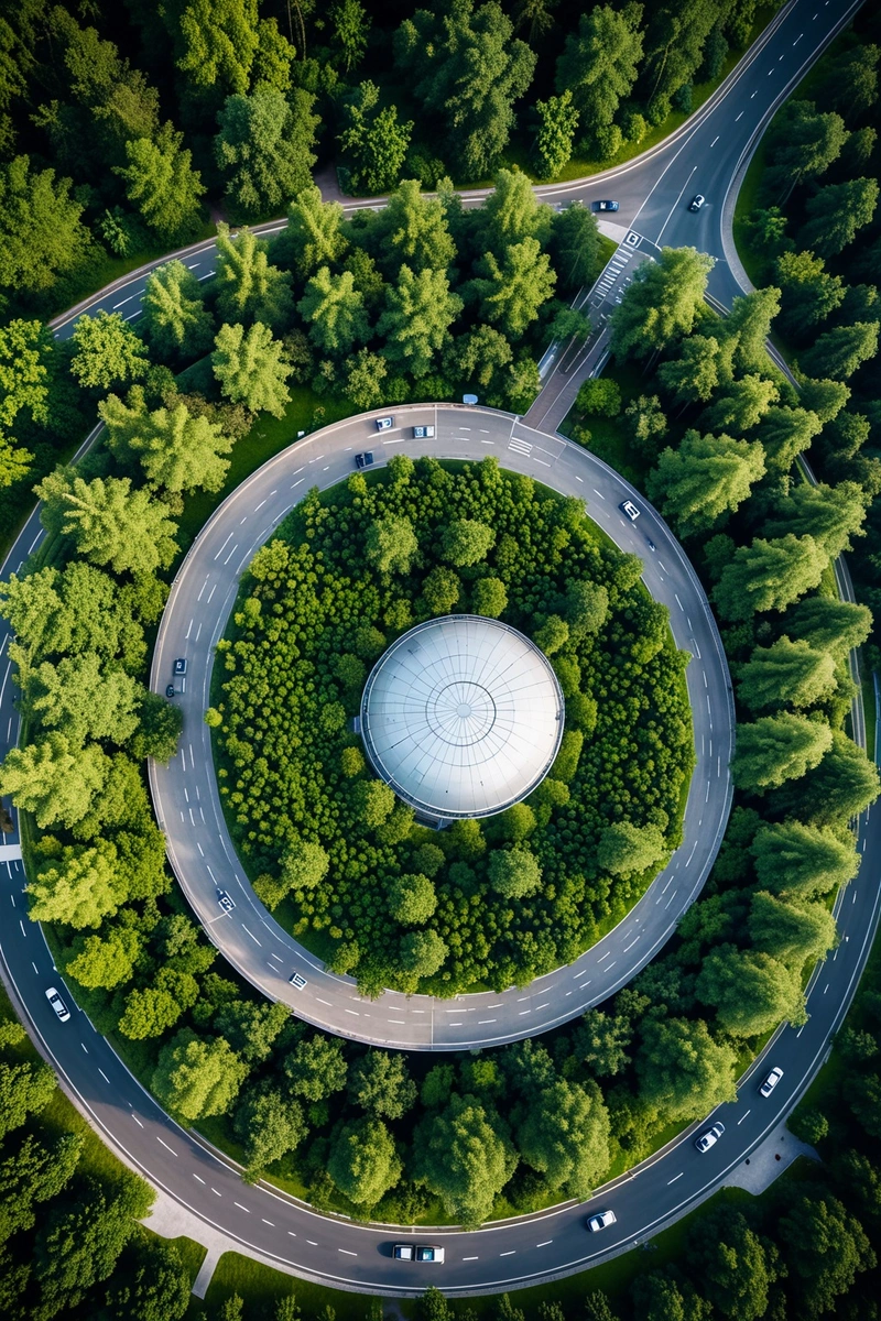 鸟瞰图显示了森林边缘的一座大型建筑，屋顶覆盖着绿色植物。这座建筑被一条环形道路环绕，道路上有交通。建筑的设计与周围环境融为一体，形成独特的审美。